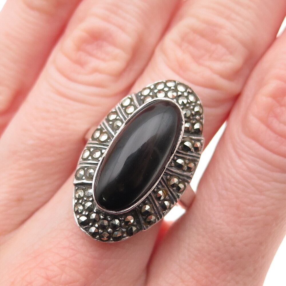 925 Sterling Silver Vintage Real Black Onyx & Marcasite Oxidized Ring Size 8